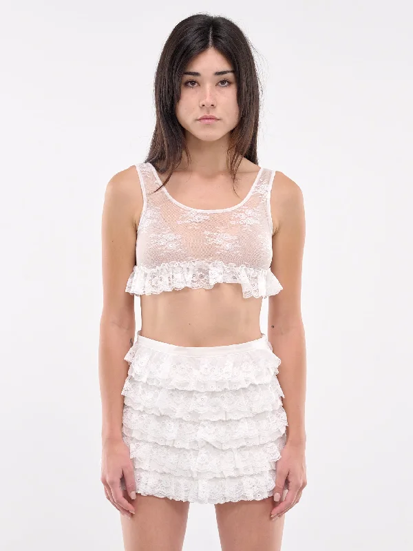 Lace Ruffled Crop Top (00T40W-WHITE) Mesh Blend Leather Blend Suede Blend