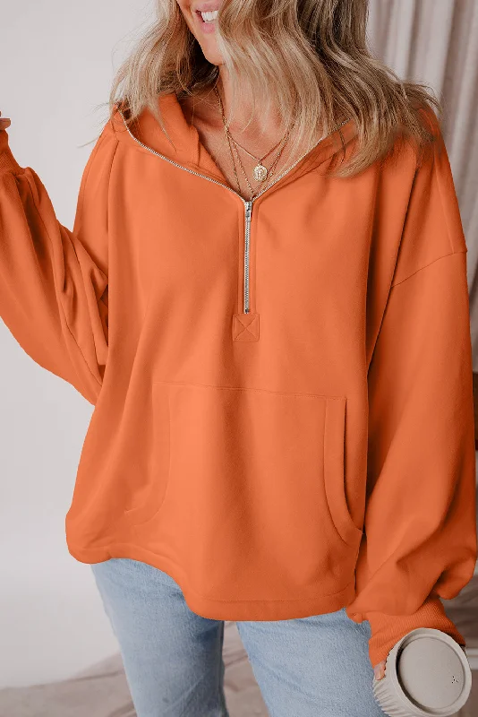Orange Fleece Lined Half Zipper Kangaroo Pockets Loose Hoodie Hoodie with Set-In Sleeves Structured Classic