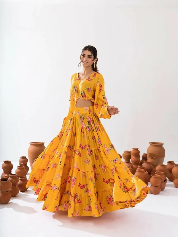 PR Fashion Yellow Heavy Air Tex Chinon Readymade Digital Print Crop Top & Lehenga Chenille Blend Fleece Blend Nylon Blend