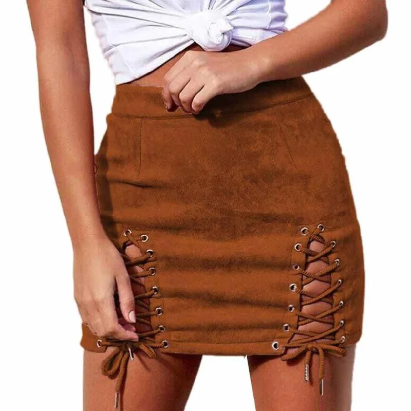 Autumn Winter Lace Up Leather Suede Pencil Skirt Bandage Sexy Elastic Short Skirt Split Bodycon Cross High Waist Skirts Womens wool skirt sturdy