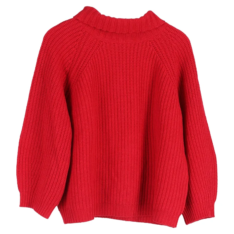 Max Mara Weekend Knitted Mockneck Sweater in Red Wool Beaded Sweater Sequined Faux Fur