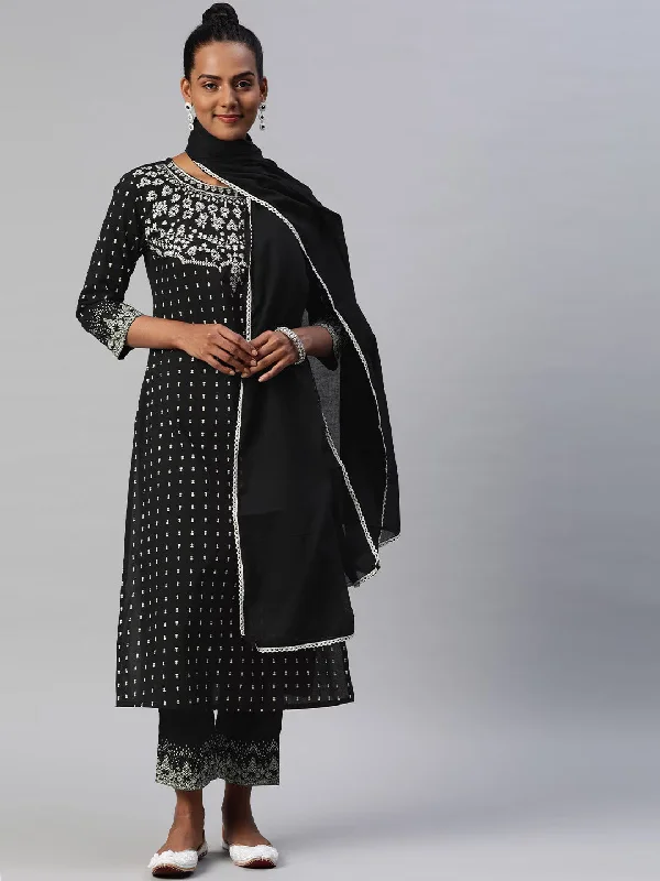 Women's Black Embroidered Thread Work Pure Cotton Kurta With Trousers - Hatheli Trousers Trousers Formal Women's Black Embroidered Thread Work Pure Cotton Kurta With Trousers - Hatheli Trousers Trousers Formal