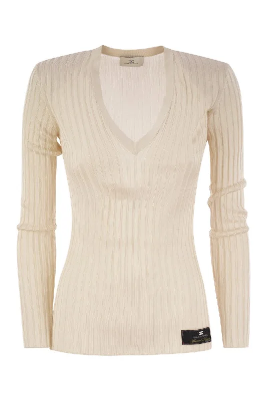 Shiny viscose ribbed jersey Halter Neck Jersey Tee