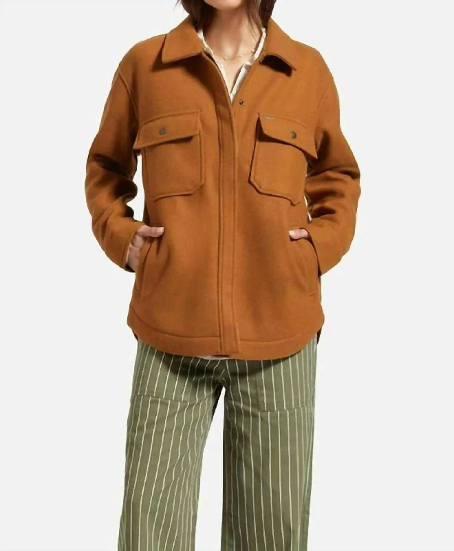 Durham Shirt Jacket In Washed Copper Boat Neck Shawl Collar Notched Collar