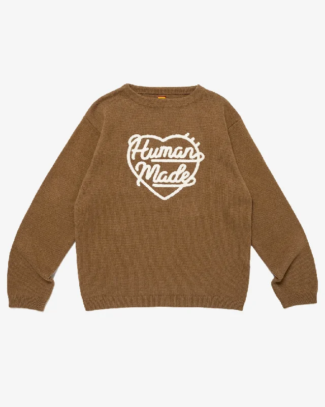 Heart Knit Sweater Brown Mesh Blend Leather Blend Suede Blend