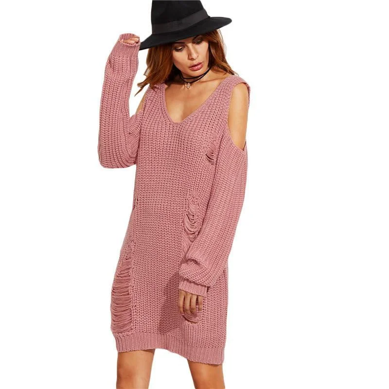 Womens Casual Shift Dresses Autumn Ladies Pink V Neck Cold Shoulder Long Sleeve Cut Out Ripped Sweater Dress Boxy Sweater Fitted Sweater A-Line Womens Casual Shift Dresses Autumn Ladies Pink V Neck Cold Shoulder Long Sleeve Cut Out Ripped Sweater Dress Boxy Sweater Fitted Sweater A-Line