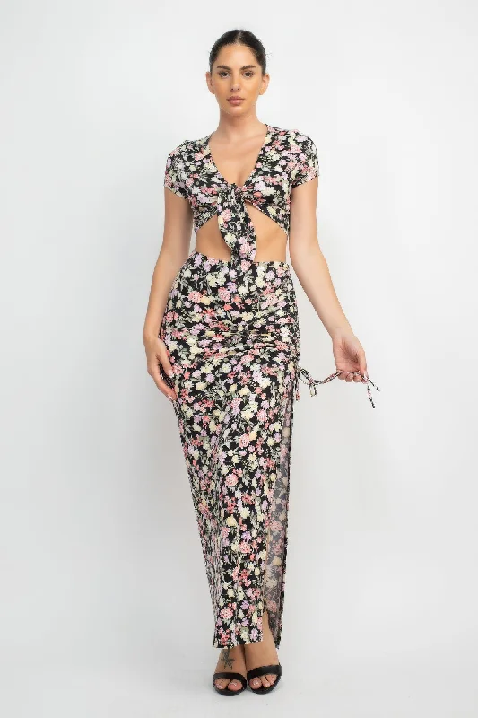 Front Knot Floral Top & Ruched Maxi Skirts Set wool skirt thick