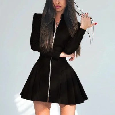Autumn and winter new women's solid color slim sexy zipper pleated leather dress for women