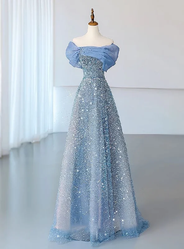 Blue Tulle Sequins Evening Dress Off The Shoulder Pleats A Line Prom Dress Y8041