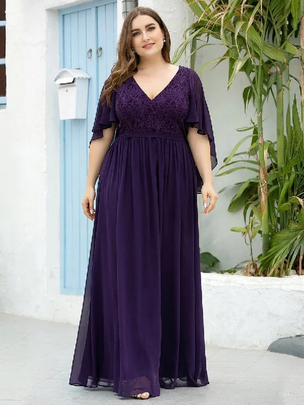 Lace Accent Plus Size V-Neck Evening Dress with Belt