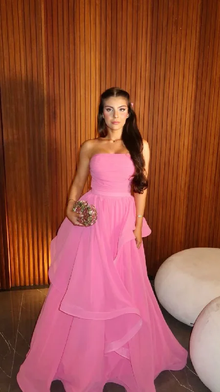 Simple Pink Strapless Tulle Layered Evening Dress A Line Prom Party Gown Y8035
