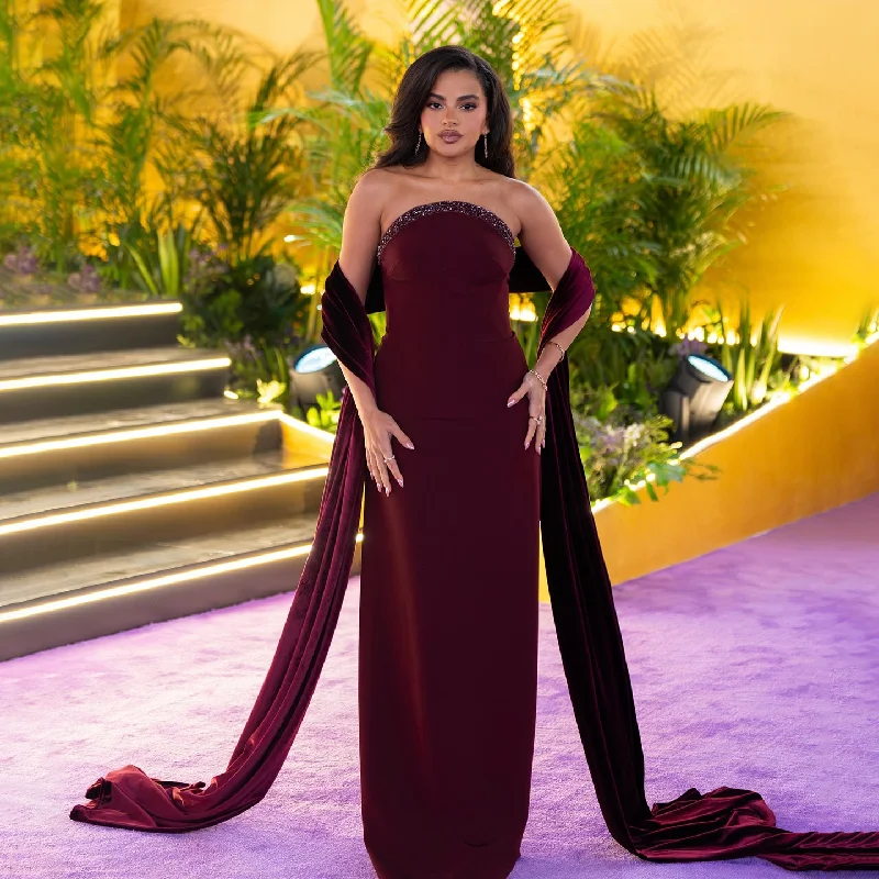 Elegant Wine Red Strapless Evening Dress with Cape SF005