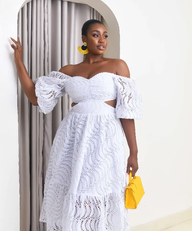 White Off Shoulder Cut Out Midi Summer Lace Dress - Zaluchi