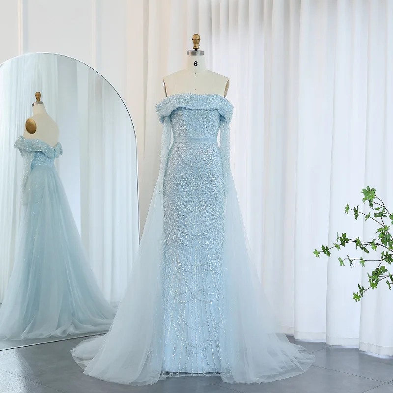 Luxury Off Shoulder Blue Evening Dress with Overskirt SS287