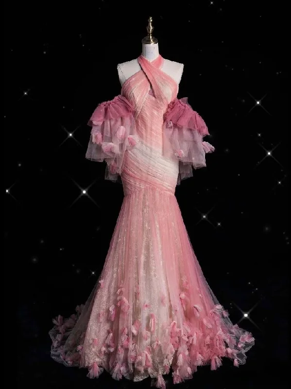 Sweet Halter Tulle Appliques Mermaid Evening Dress Pink Prom Dress Y7954