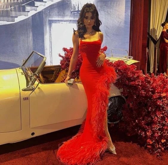 Sexy Mermaid Straps Red Prom Dress With Feathers,Long Evening Dress Y7901