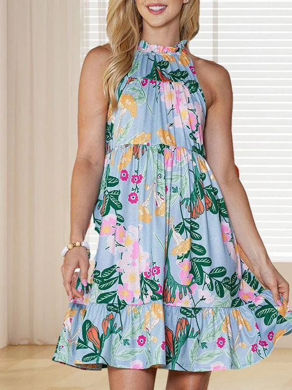 Neck High Waist Floral Strap Dress