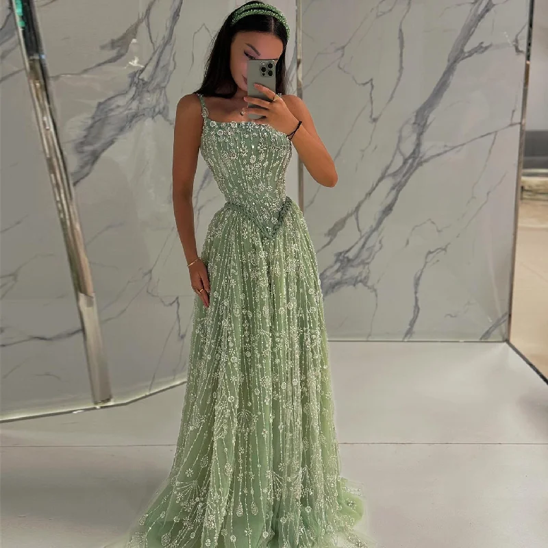 Luxury Sage Green Spaghetti A-Line Evening Dress SS123
