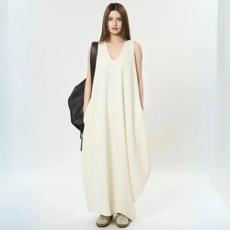 Maxi Potato Bag Dress with Deep V-Neckline - Beige