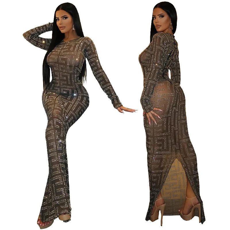 C1102TA43 High Quality Sexy Sheer Mesh Rhinestone Slit Bodycon Club Long Dress Women Sehe Fashion