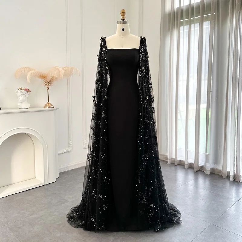 Luxury 3D Flowers Black Evening Dress with Cape Sleeves SS479