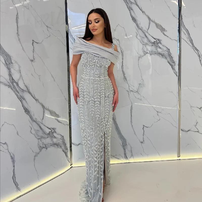Elegant Off Shouler Silver Evening Dress with Slit SS151