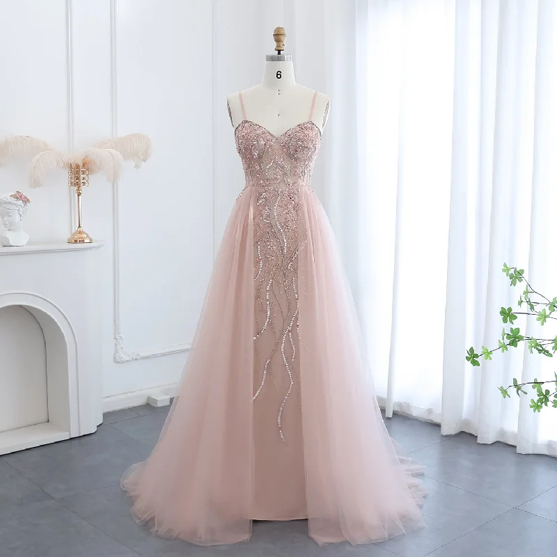 Luxury Beaded Pink Spaghetti Evening Dress with Overskirt SS266