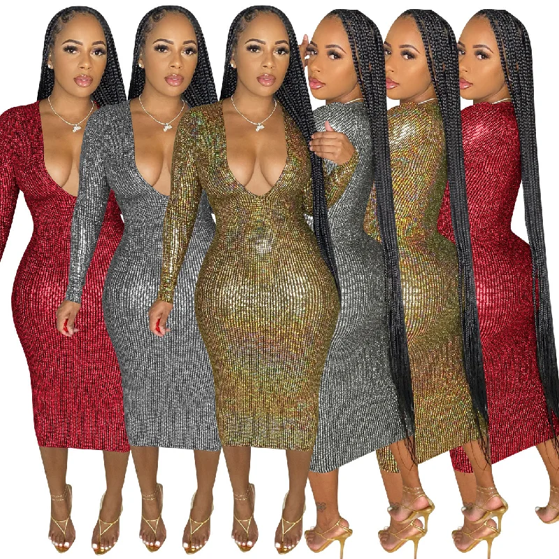 C1101TA85 New Arrival Sexy Solid Color V Neck Sparkly Bodycon Club Dress Women Sehe Fashion