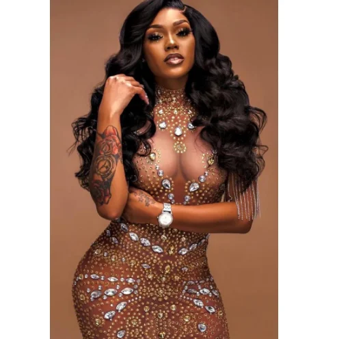 2022 New Arrival Turtle Neck Diamond Elegant Evening Dress Formal Mesh See Through Rhinestone Tassel Sexy Club Dresses Women