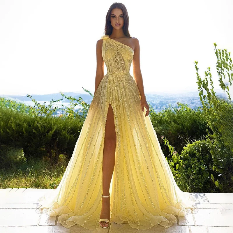 Luxury Yellow One Shoulder Evening Dress with Cape SS326