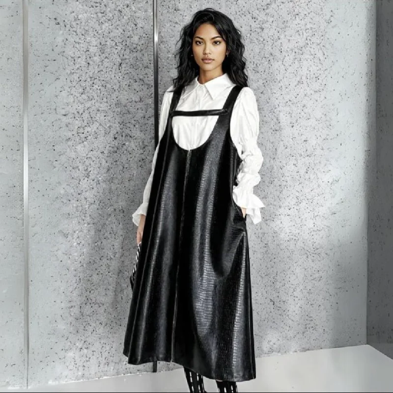 Vegan Leather Pinafore Dress with Zip Front