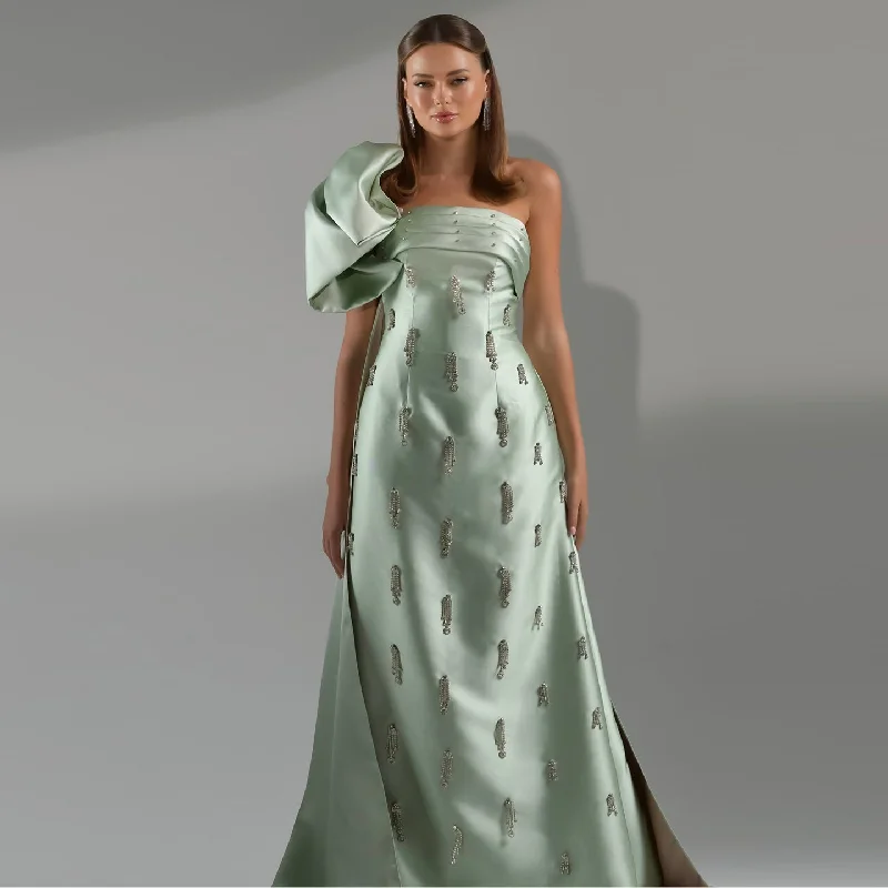 Sage Green One-Shoulder Tassel Evening Dress with Cape SS368