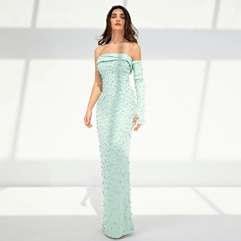 Luxury Pearls Mint Green Evening Dress with Cape SS378