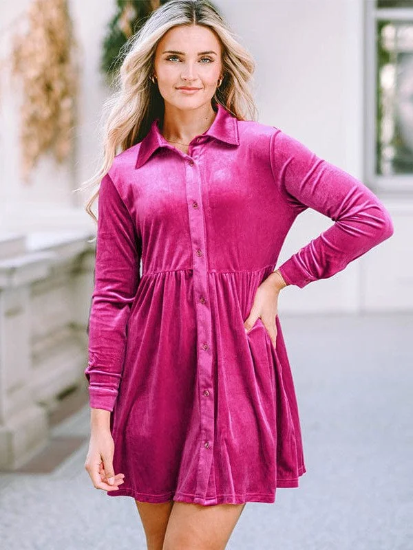 Elegant Style Velvet Dress With High Waist And Shirt Collar