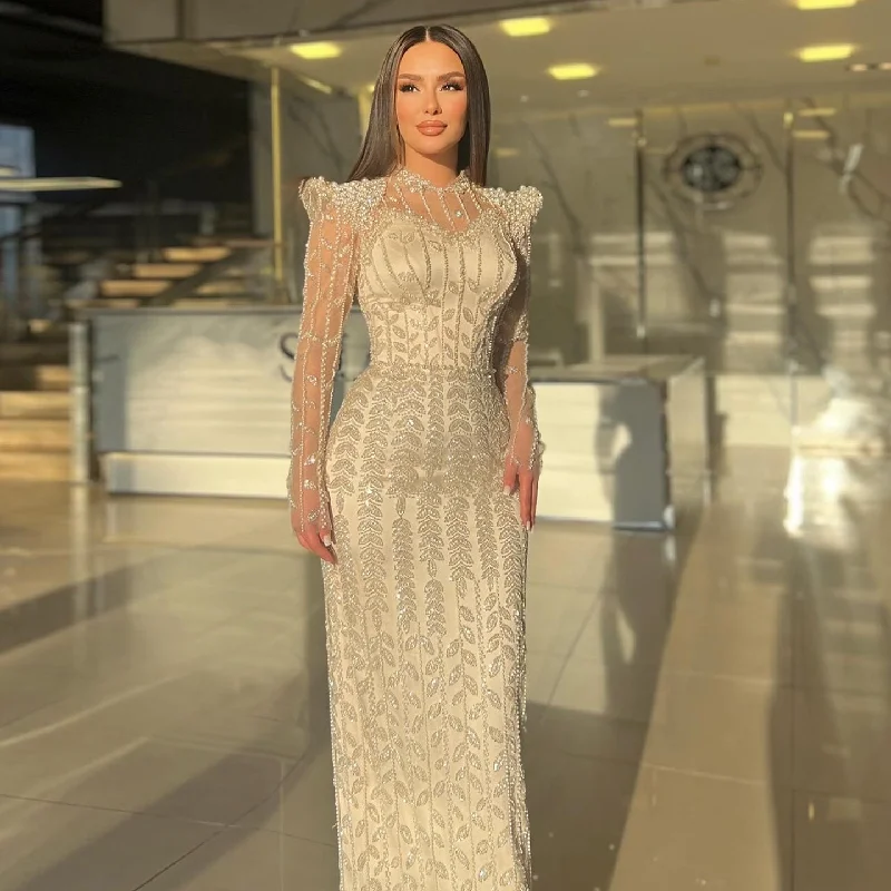 Luxury Cream Long Sleeves Evening Dress SS126
