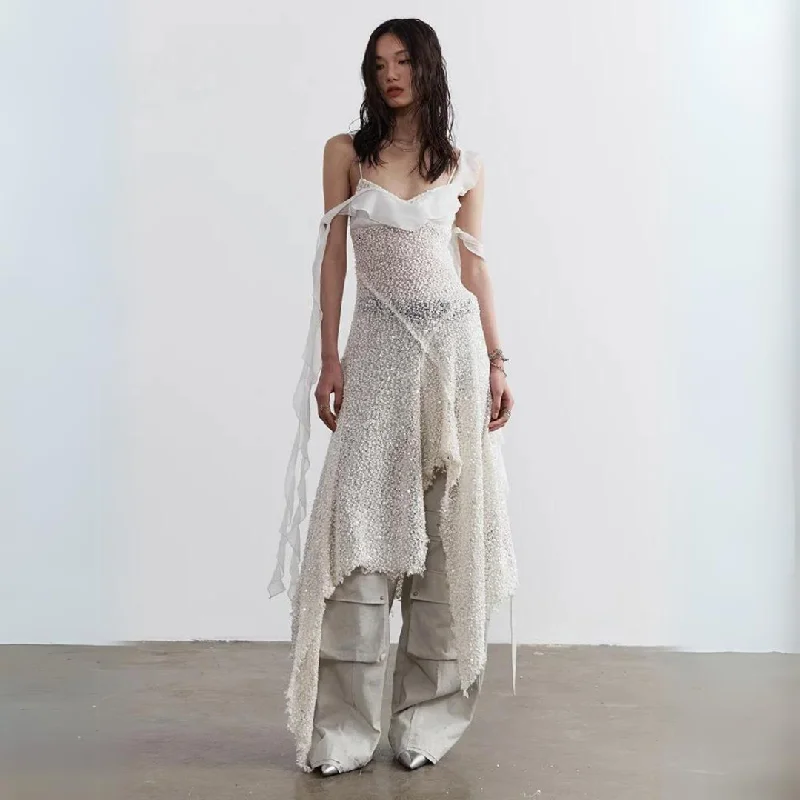 Beige Long Spaghetti Strap Dress - Burr Perspective Sequins with Irregular Hem