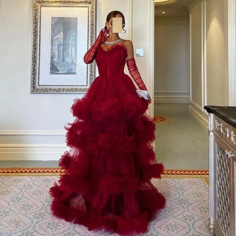 Burgundy Tulle Tiered Ruffles Evening Dresses with Gloves SF049