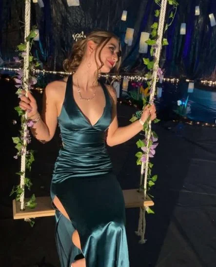 Vintage Green Slit Evening Dress Backless Prom Dress Y7782