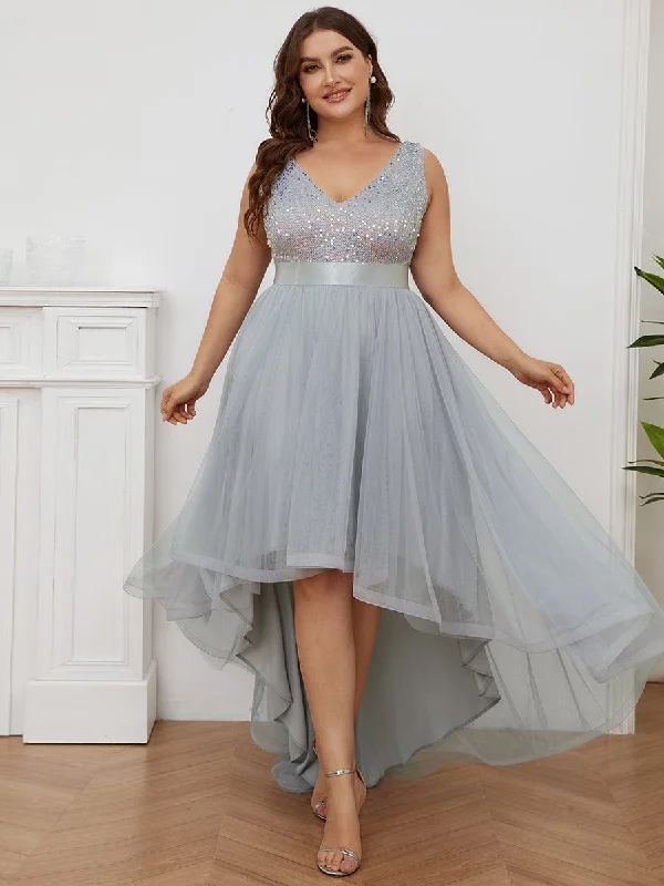 Elegant Glittery Plus Size Evening Dress with Chic Asymmetrical Deep V-Neck Hem