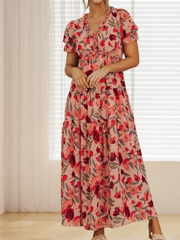 Ruffled Floral Print V-Neck Long Dress With Puff Sleeves