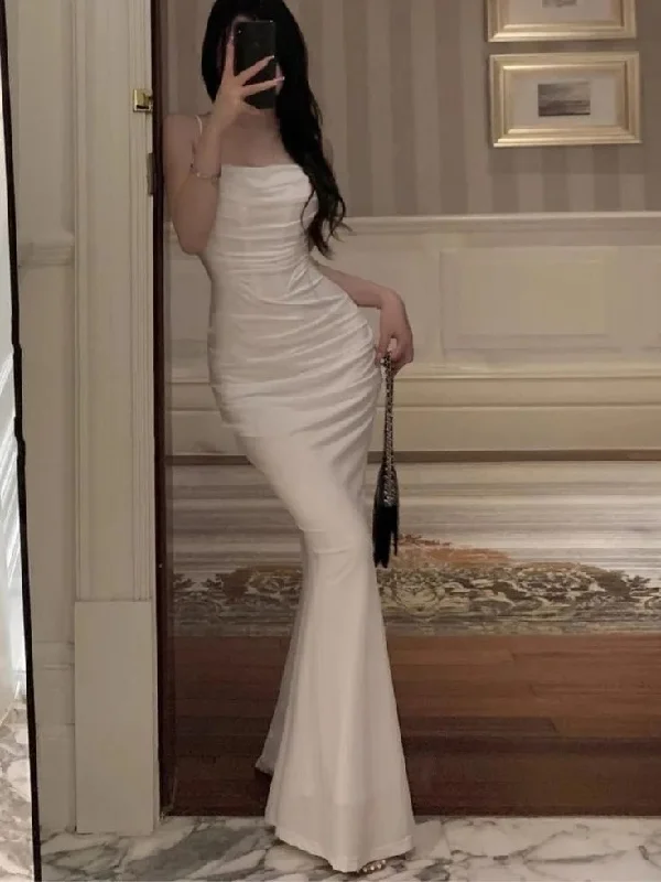Sexy Spaghetti Straps White Mermaid Evening Dress Long Prom Dress Y7787