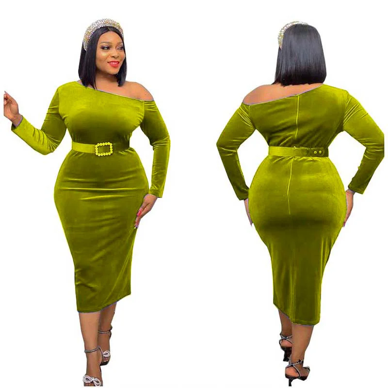 Hot Sale Ladies Spot Long Sleeve Slim Fit  Oblique Shoulder Pure Color Flannel Sexy Mid Length Evening Satin Dress With Belt