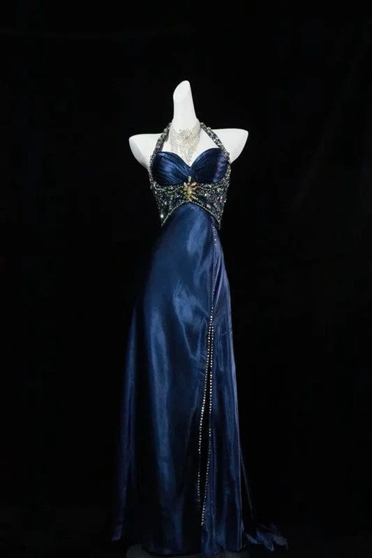 Gorgeous Halter Satin Beaded Slit Evening Dress Formal Party Prom Dress Y7927