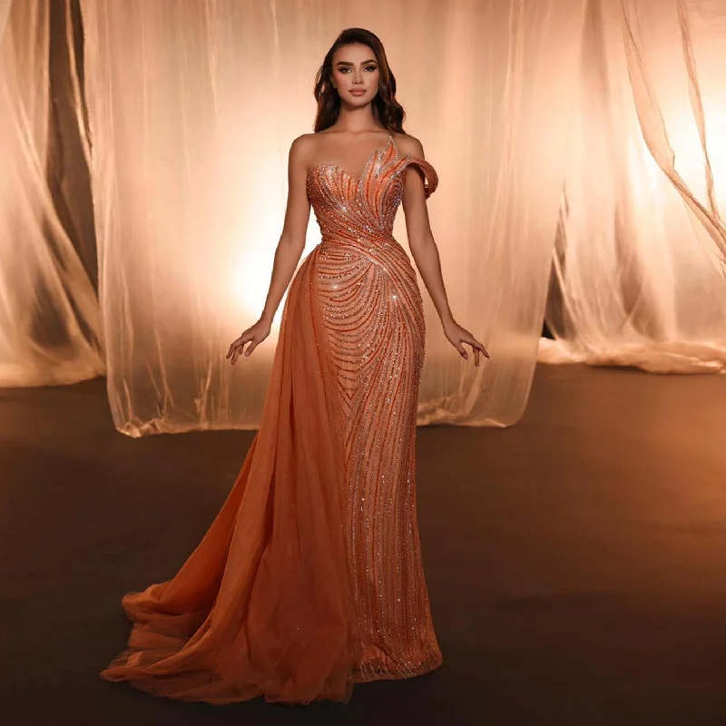 Luxury Orange One Shoulder Evening Dress with Overskirt SS257