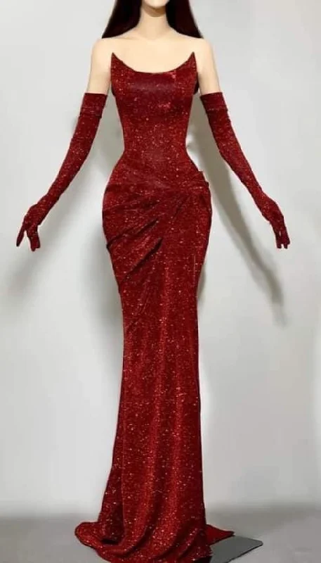 Charming Sequins Red Mermaid Evening Dress Formal Prom Dress With Gloves Y7800