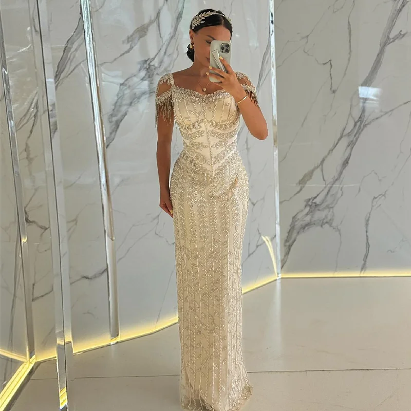 Luxury Tassel Cream Straight Evening Dress SS150