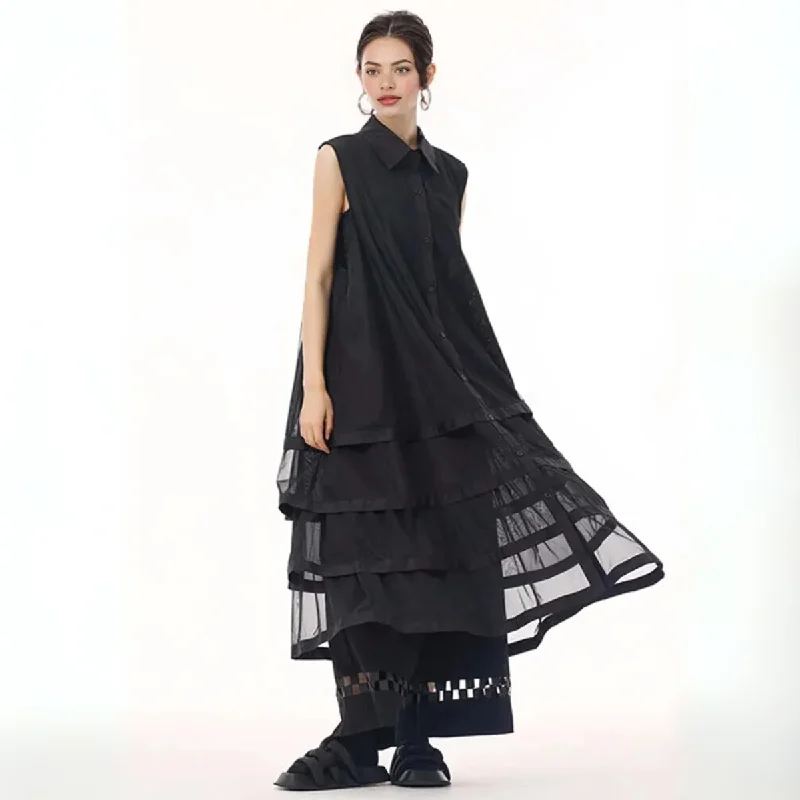 Layered Mesh Sleeveless Shirt-Dress – Available in White, Mint Green, and Black