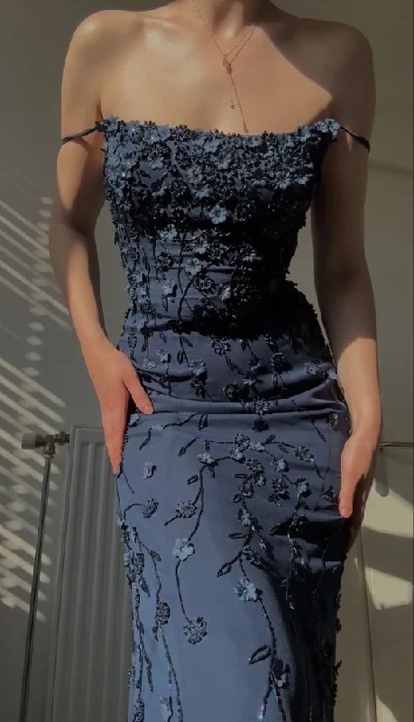 Vintage Navy Blue Spaghetti Straps Appliques Prom Dress Mermaid Birthday Outfits Evening Dress Y7456 Vintage Navy Blue Spaghetti Straps Appliques Prom Dress Mermaid Birthday Outfits Evening Dress Y7456