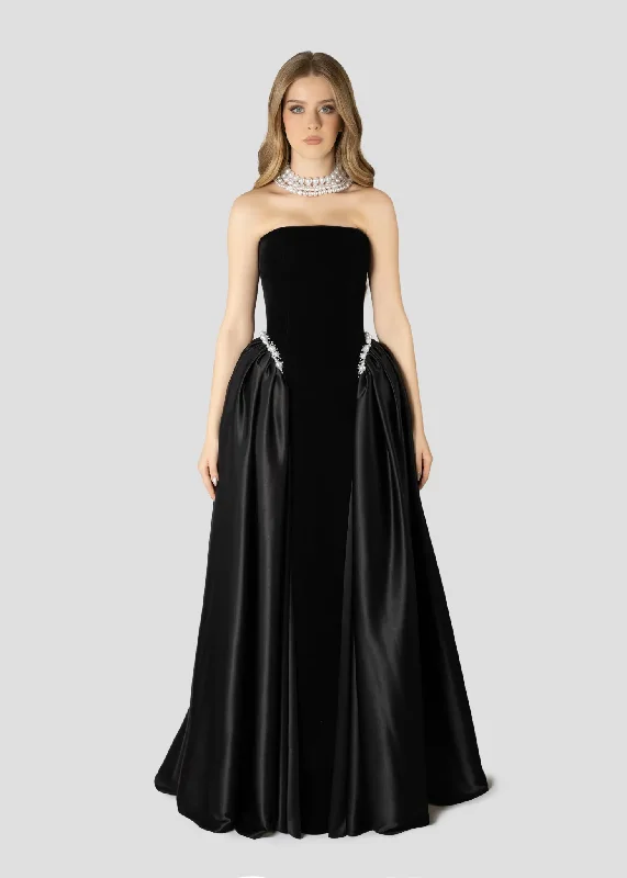 Elegant Black Strapless Evening Dress with Overskirt SF534