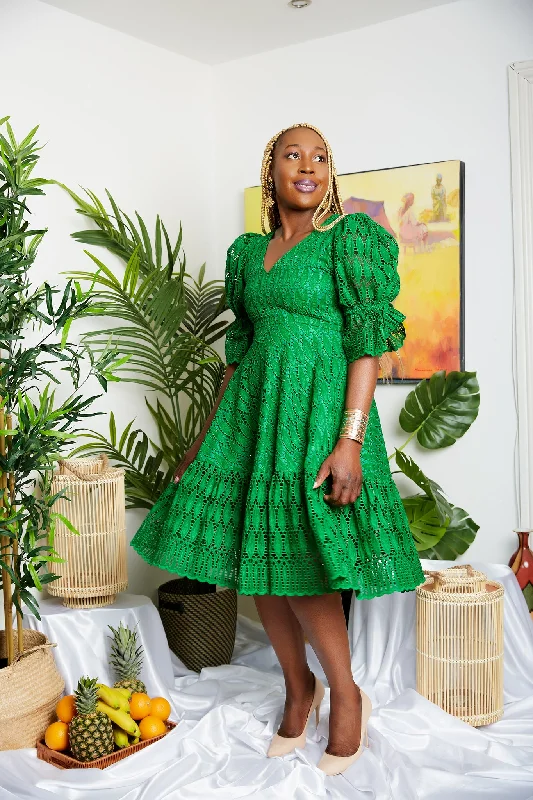 Green Puff Sleeve Midi Summer Lace Dress - Lottachi